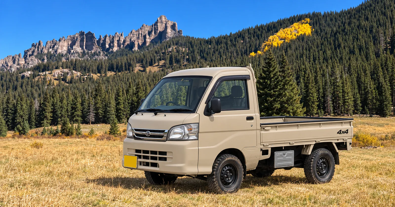 Illustration of a sand coloured Daihatsu Hijet truck in a golden meadow below the Cimarron ridge, with aspens on the slope