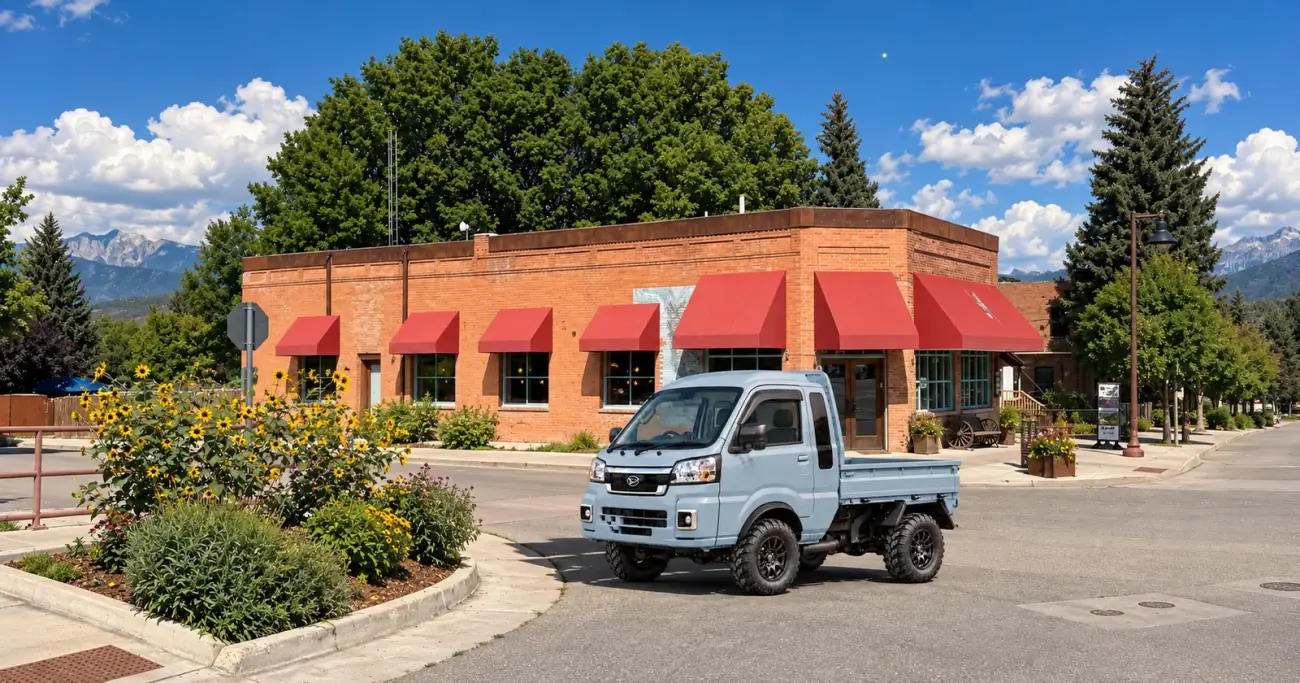 A Cloud Silver Blue Jumbo outside a brick cafe on a mountain town street