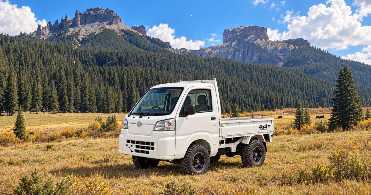 An Arctic White flatbed in open grassland below the Cimarron peaks